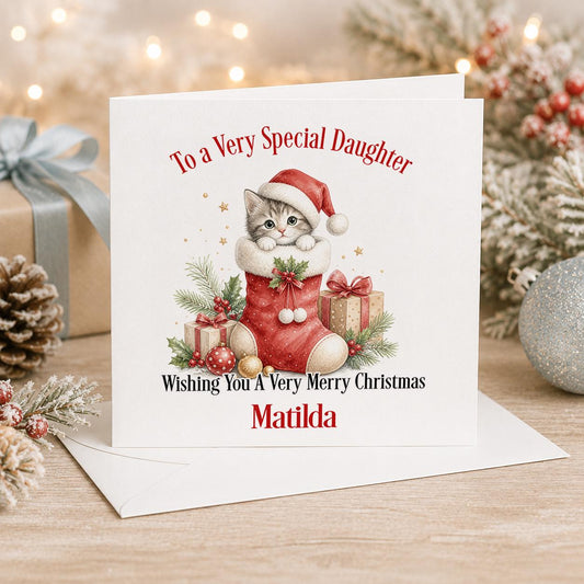 Personalised kitten Christmas card, white 6x6 inch square card printed with a kitten in a Santa hat in a red stocking with a name