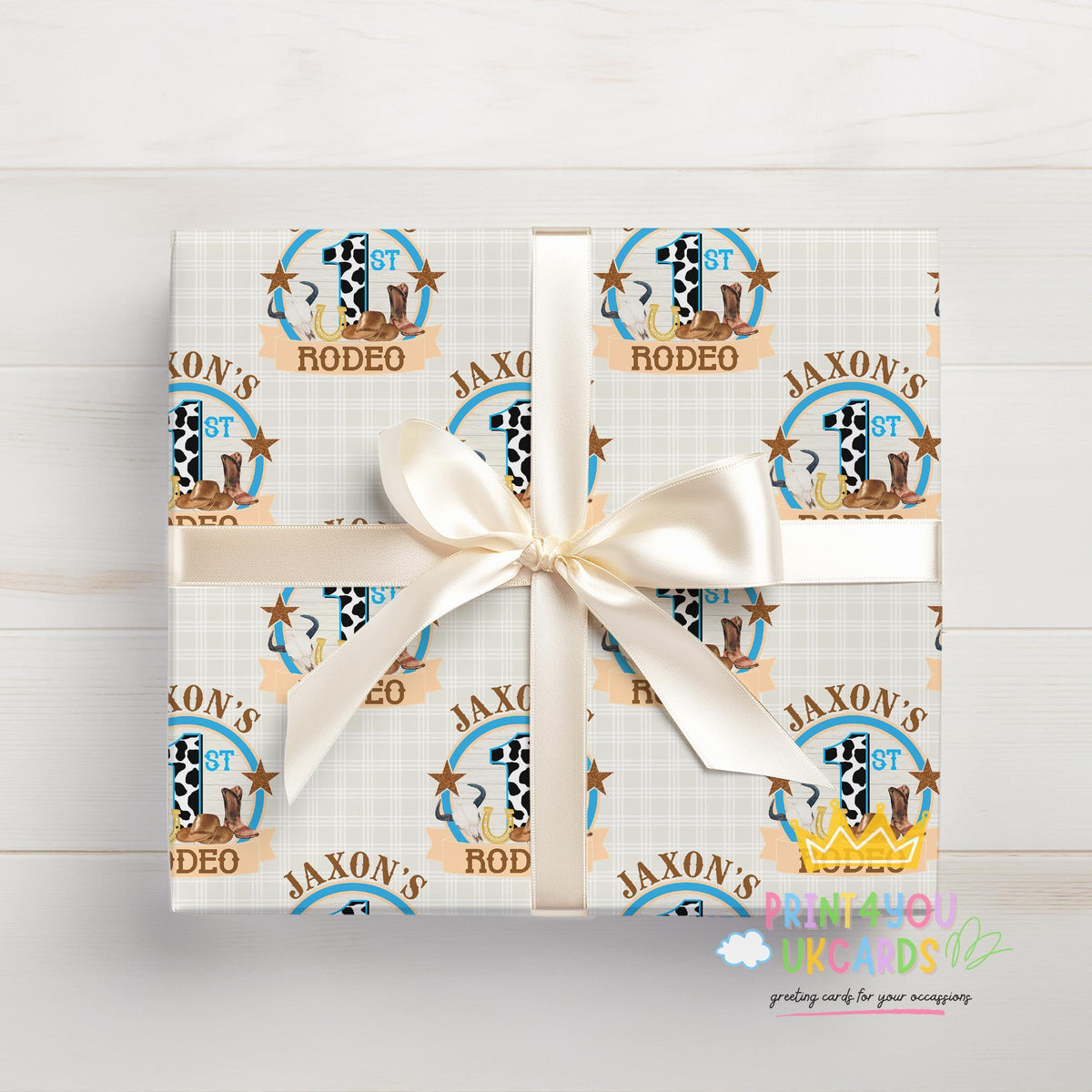 Printed 1st birthday wrap shown as wrapping paper