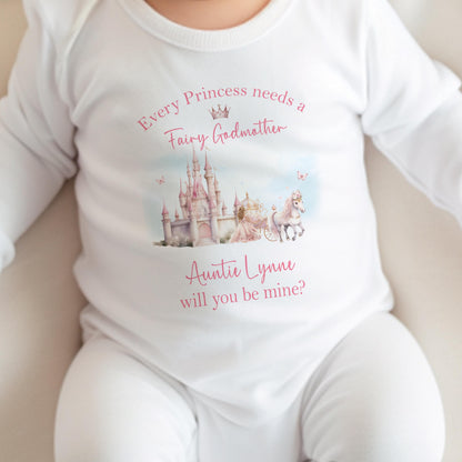 Close-up of Will you be my Godmother print with custom wording on soft cotton