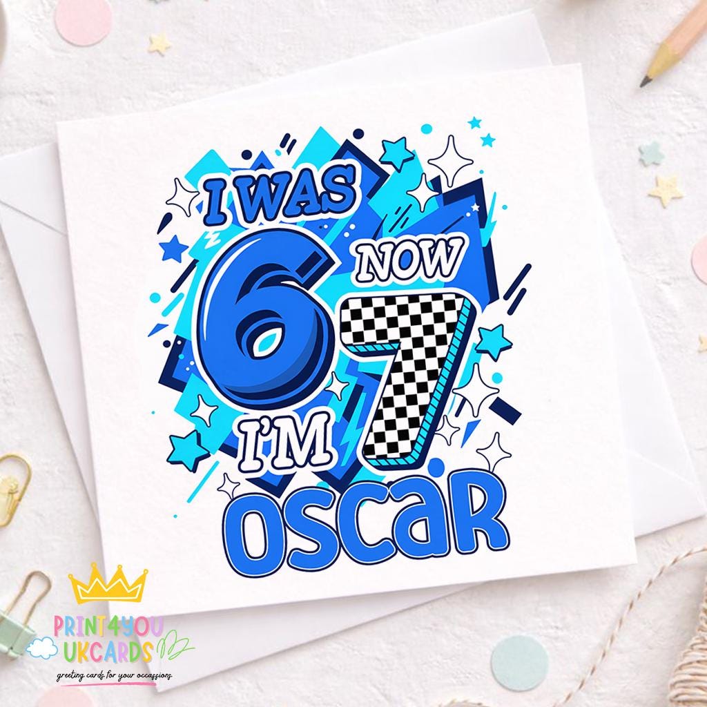 Square personalised kids' birthday card with a bold graphic trend-inspired design shown on white card stock.