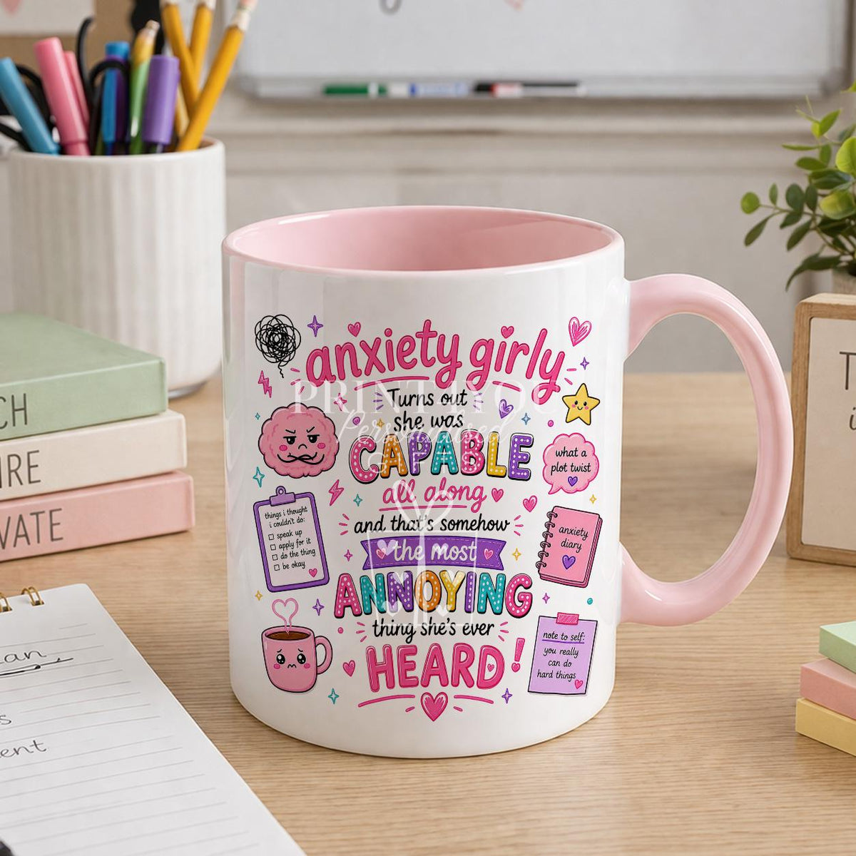 Pink ceramic mug printed with a positive quote design, personalised with a name