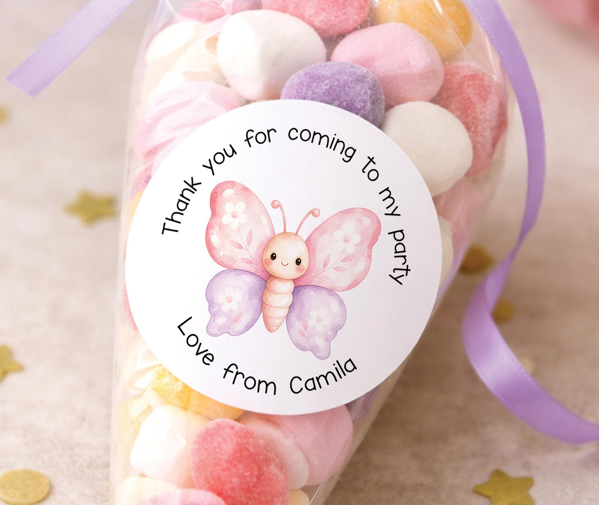 Round pink and purple butterfly thank you stickers personalised with a child's name, ideal for party bag labels