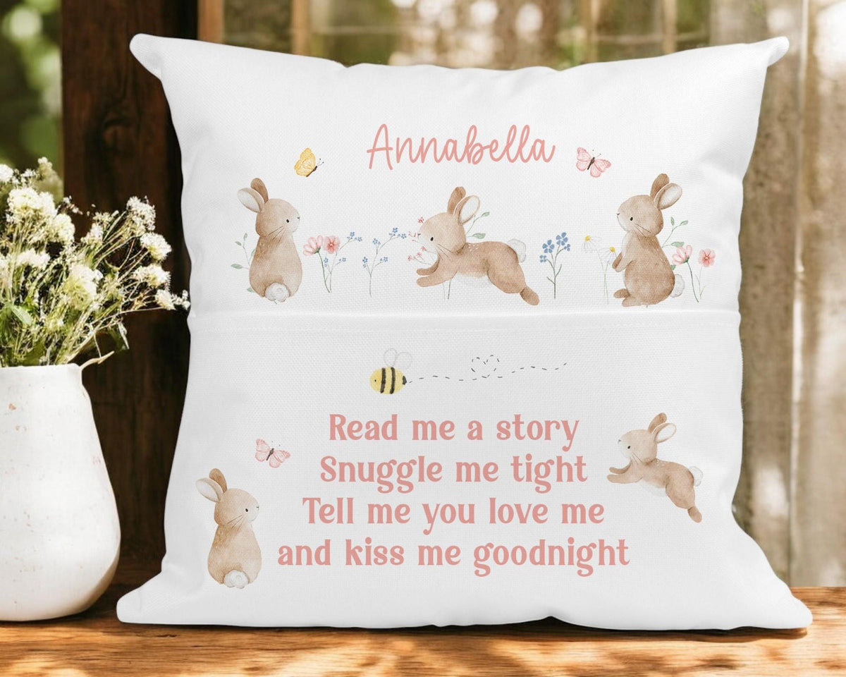 Zip closure detail on the personalised blue train and bunny rabbit cushion cover