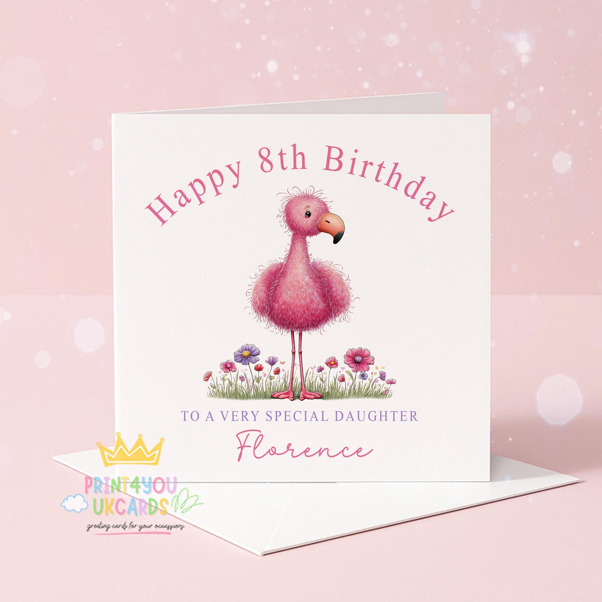 Personalised birthday card featuring a pink flamingo and floral design, printed with a custom name and relation, 6x6 inch square.