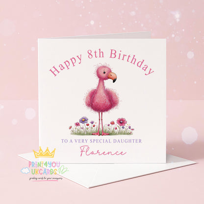 Personalised birthday card featuring a pink flamingo and floral design, printed with a custom name and relation, 6x6 inch square.