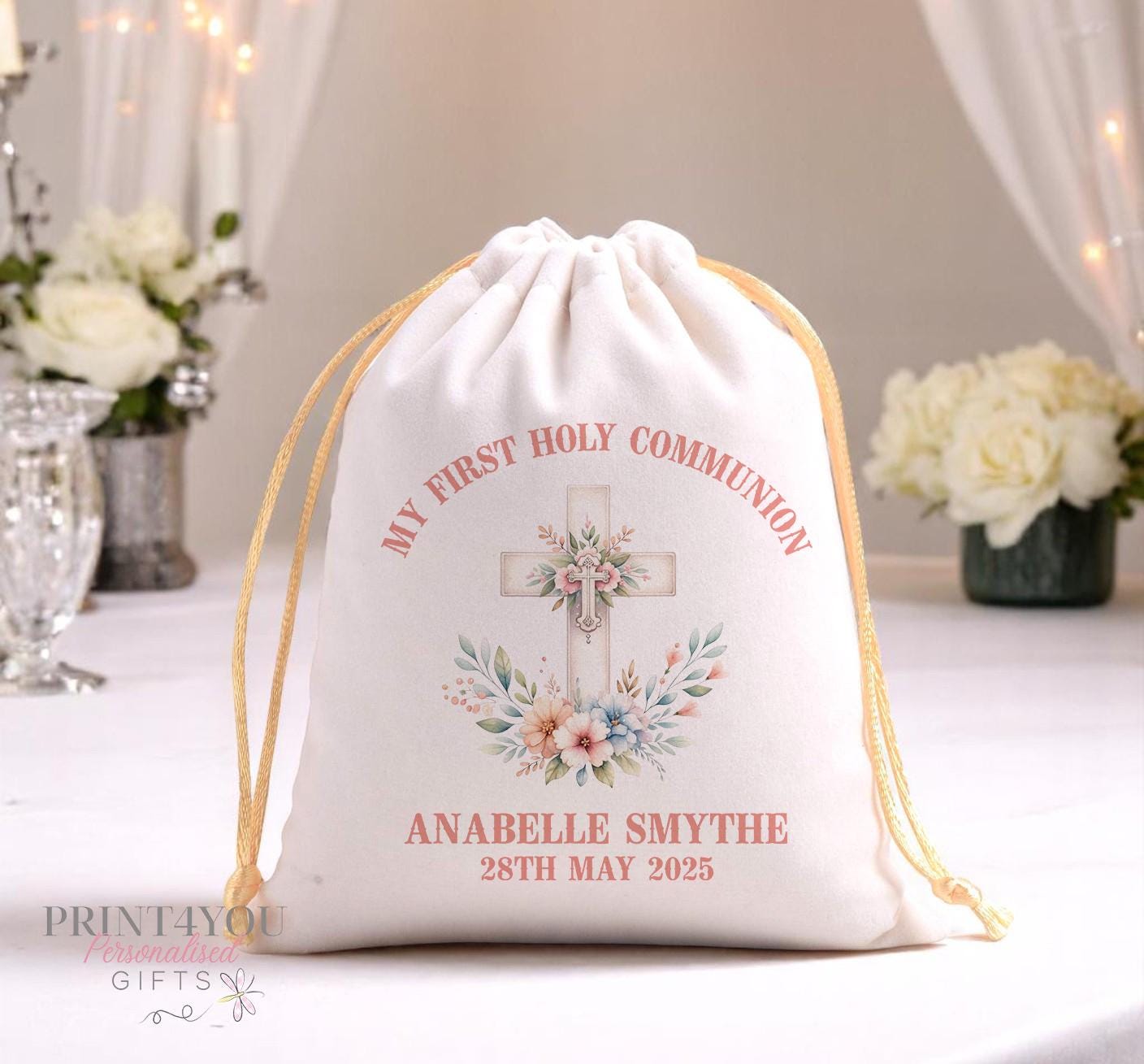 Personalised cream velvet drawstring pouch for rosary beads and communion gifts