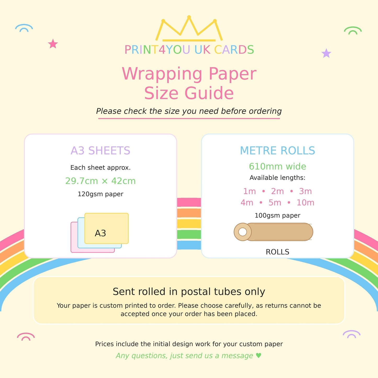 Wrapping paper size and price guide for personalised Christmas gift wrap