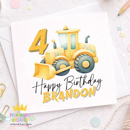 Square birthday card front featuring a cartoon yellow digger on a construction-site background, personalised with a child's name and age