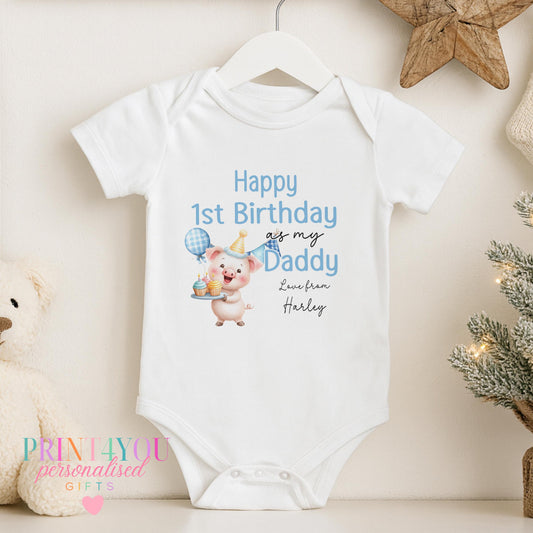 Personalised pig design baby vest printed with a Happy 1st Birthday message from baby to mummy or daddy.