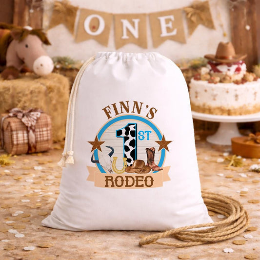 Product image showing first rodeo birthday sack