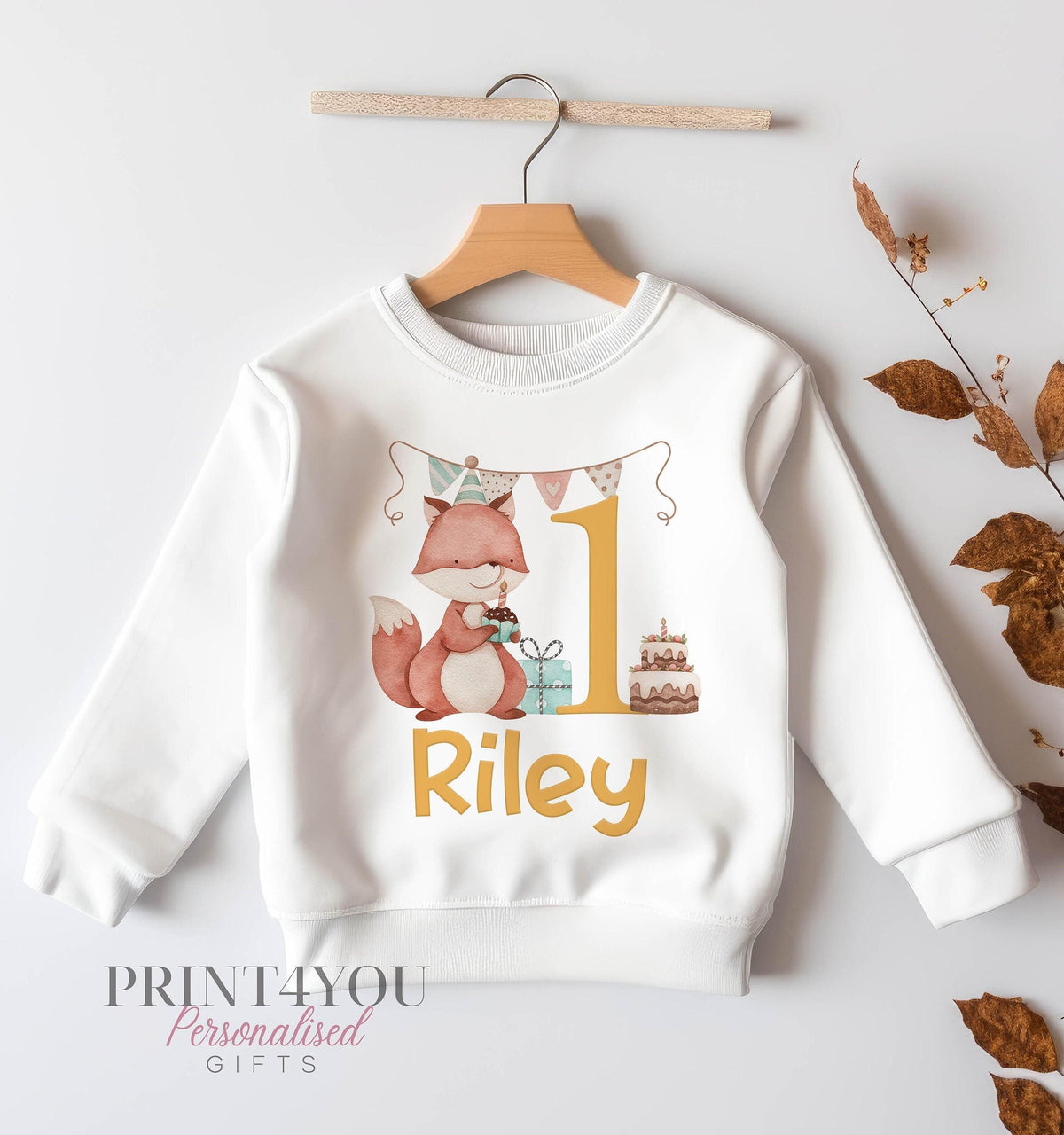 Personalised fox party birthday sweatshirt in white, front view, size 6-12 months