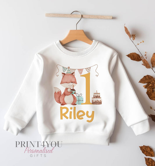 Personalised Birthday Age Sweatshirt Jumper For Children. Any Age, White Cotton Sweatshirt – Fox party and Number - 6-12  months