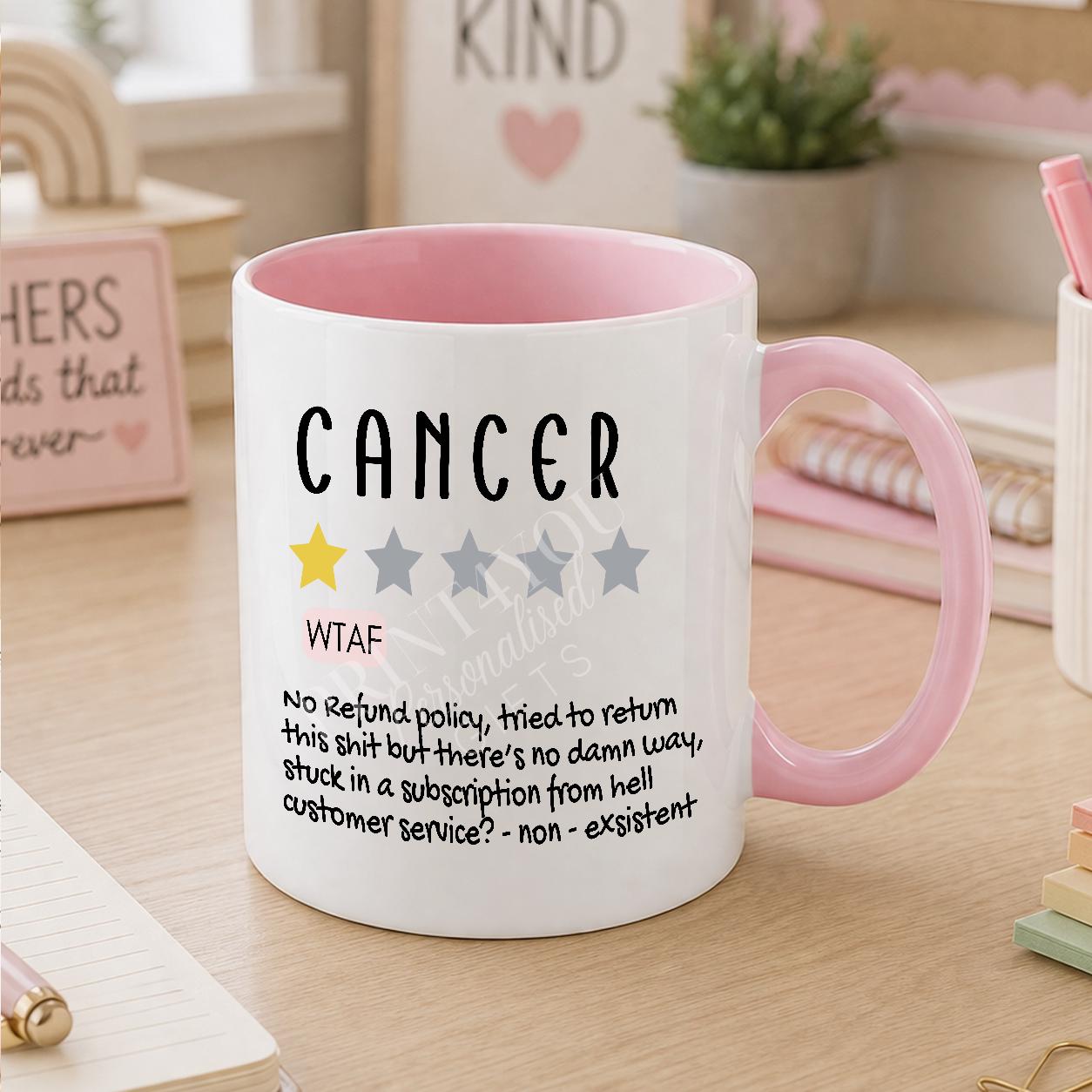 White ceramic mug printed with a dark humour cancer survivor design, personalised with a name