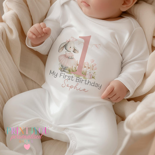 Personalised bunny design bib for a baby's 1st birthday with custom name
