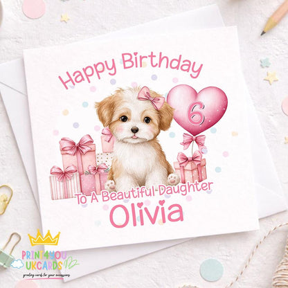 Square personalised pink puppy-themed birthday card shown on white card stock.