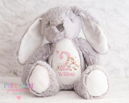 Grey personalised first birthday bunny soft toy with unicorn design printed on tummy