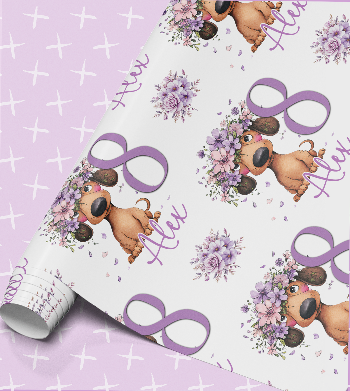 a repeating pattern of a dog wearing a flower crown and the number 8, along with the name 'Alex' written in cursive.