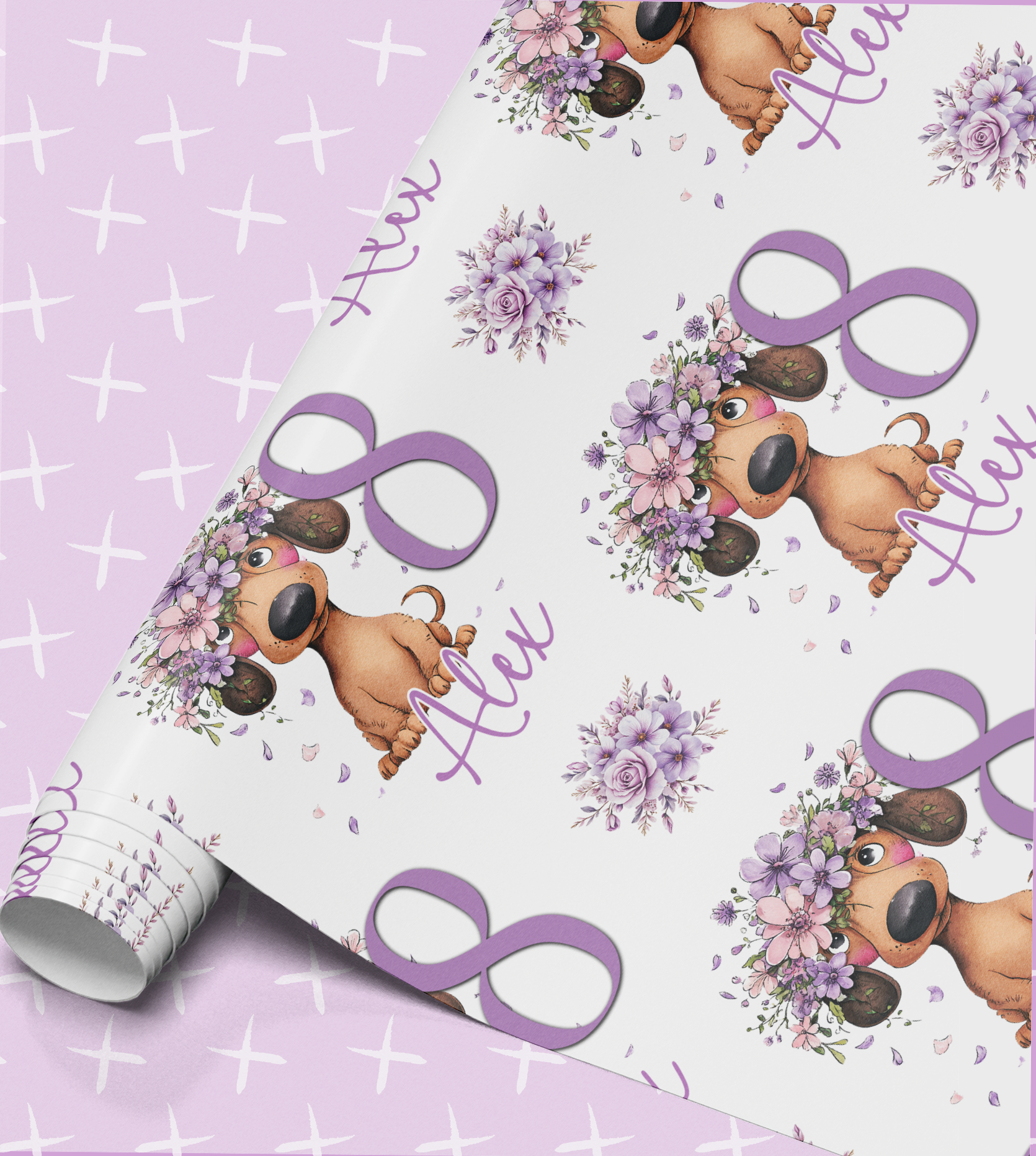 a repeating pattern of a dog wearing a flower crown and the number 8, along with the name 'Alex' written in cursive.