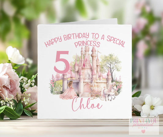 Personalised princess first birthday card, 6x6 inch white square greeting card, front only