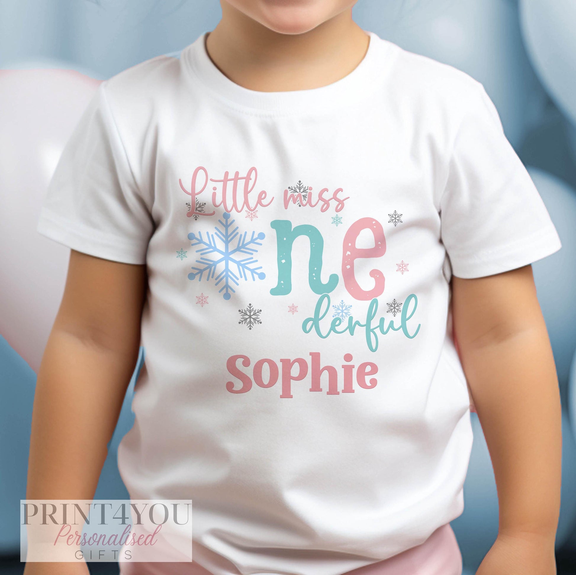 Little Miss ONEDERFUL personalised first birthday outfit, size 1-2 years, with pastel snowflake design