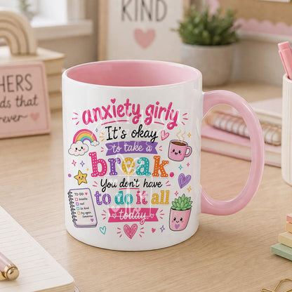 Pink ceramic mug printed with a positive self care message, personalised with a name