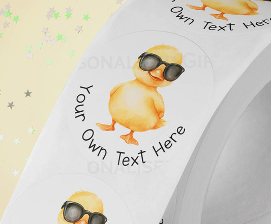 Personalised Yellow Duck Stickers – 5cm High Gloss Waterproof for Party Bags Gifts, Duck with sunglasses - Strips (5cm each)