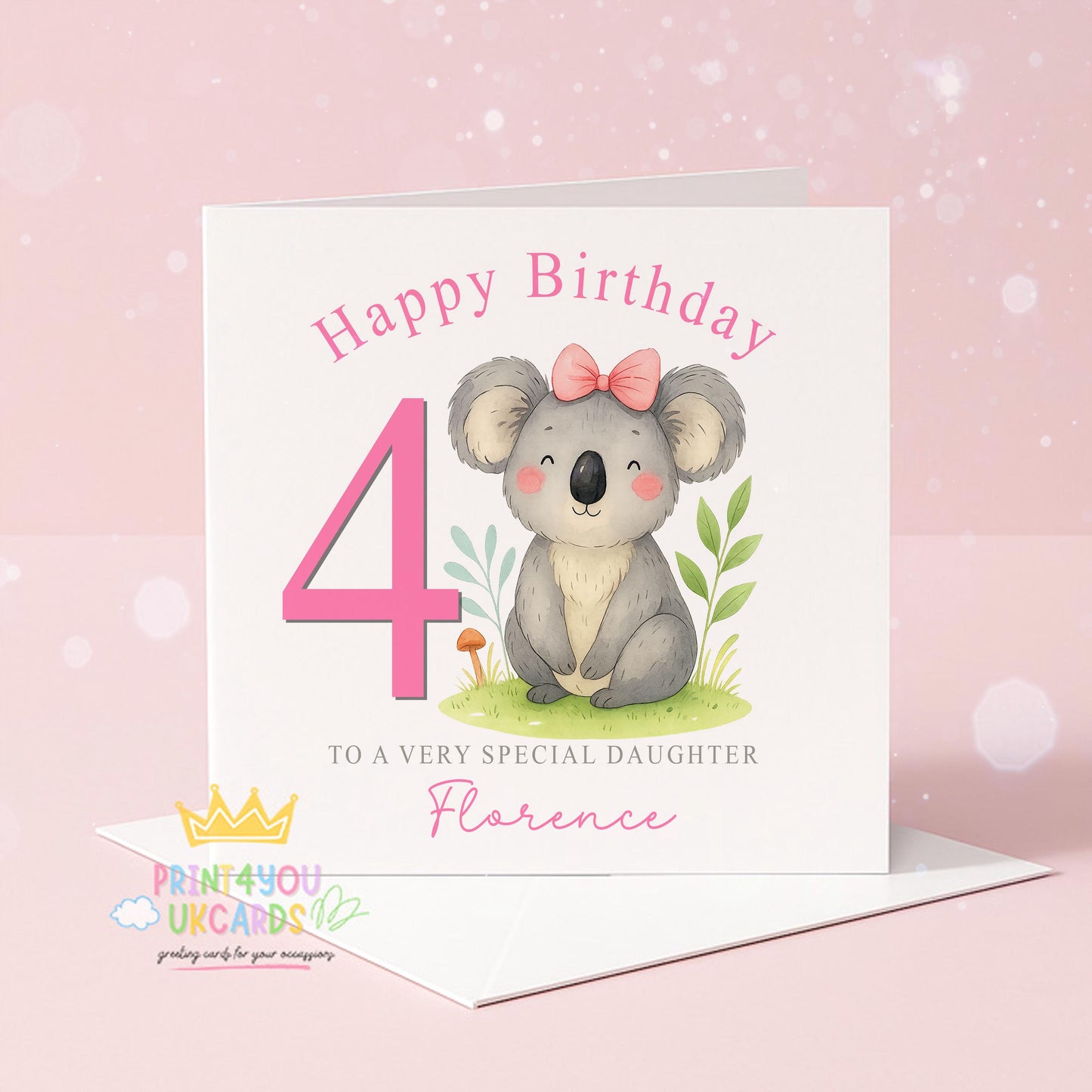Front view of the personalised koala birthday card featuring a cute koala illustration, ready for a custom name, age and relation.