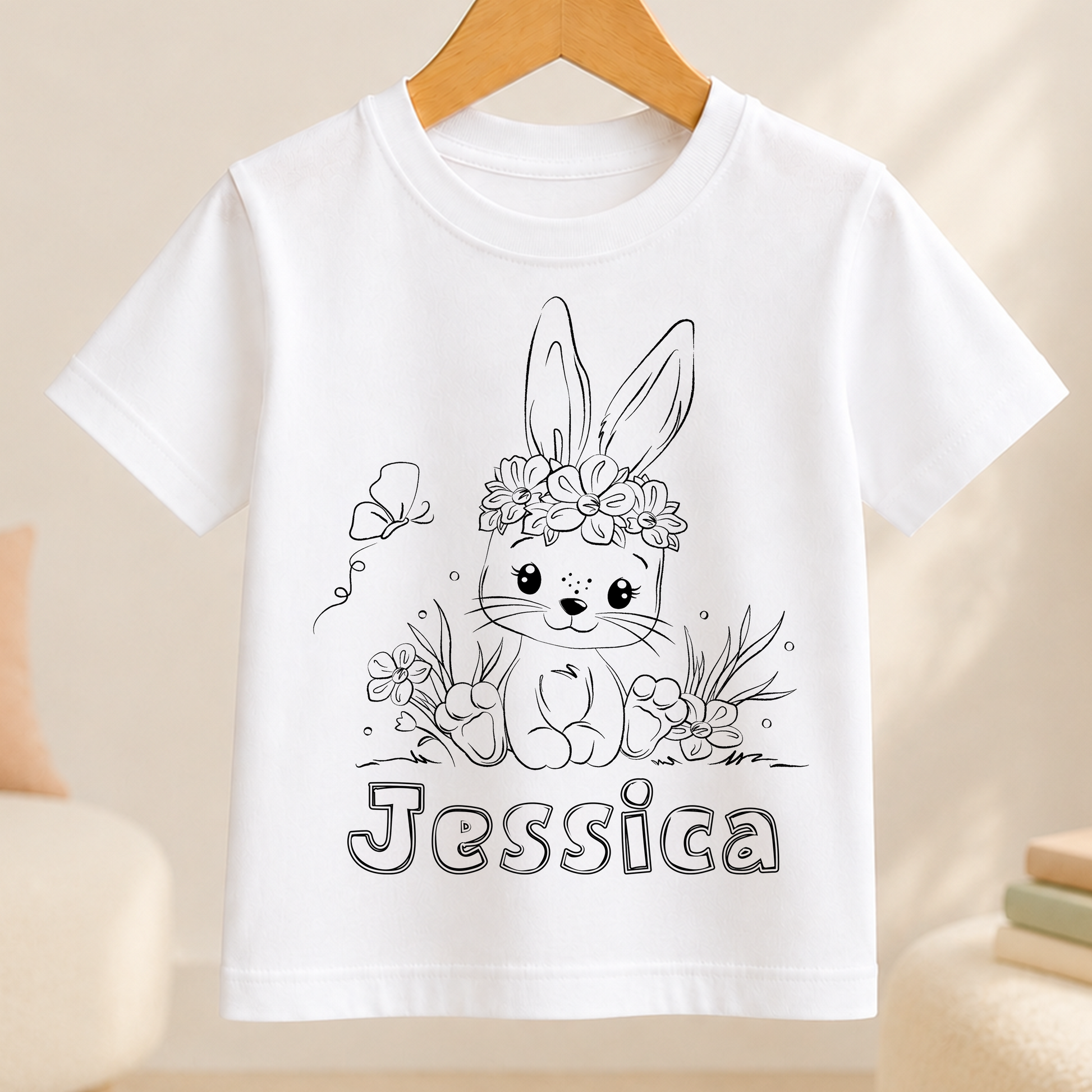 A white t-shirt with a black and white illustration of a bunny wearing a flower crown and the name " Jessica " written below it.