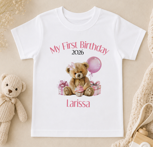 Personalised pink teddy bear first birthday t-shirt with balloon design, printed with your baby's name.