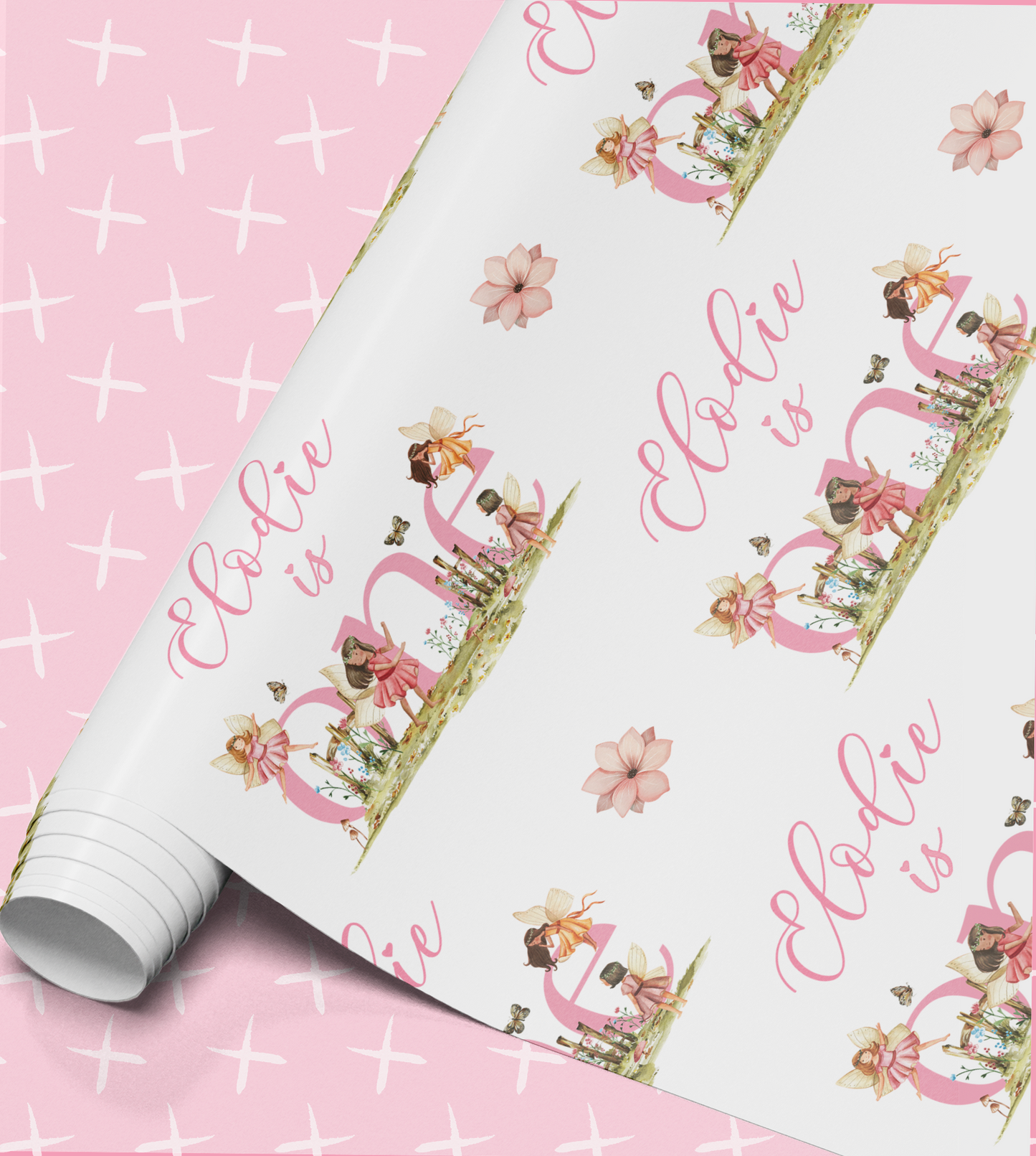 a pink and white pattern with the name 'Eodie' written on it. The pattern includes illustrations of fairies, flowers, and other whimsical elements.