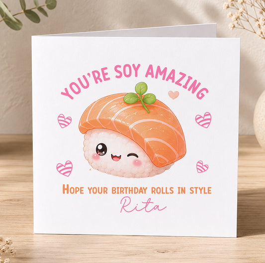 Square birthday card featuring a kawaii salmon sushi character, personalised with a name, age and birthday message.