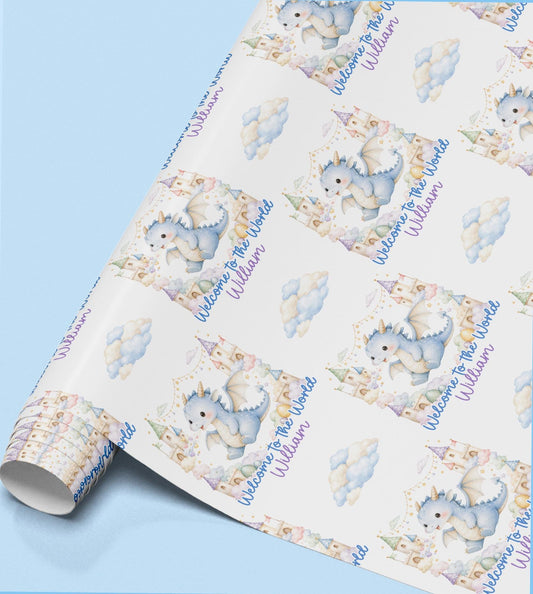 The image is a roll of wrapping paper with a repeating pattern of a blue dragon and clouds, along with the text "Welcome to the World" written on it.