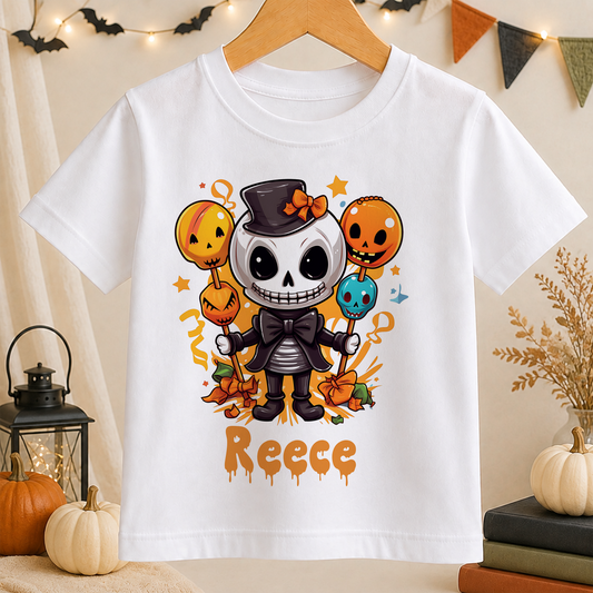 A white t-shirt with a cartoon skeleton character wearing a top hat and holding candy apples, surrounded by Halloween decorations.