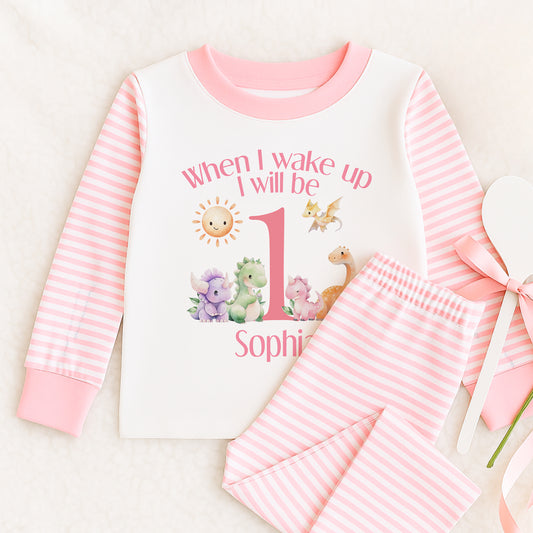 Personalised Pink Striped Children's Pyjamas "When I Wake Up I Will Be ...." with Dinosaurs