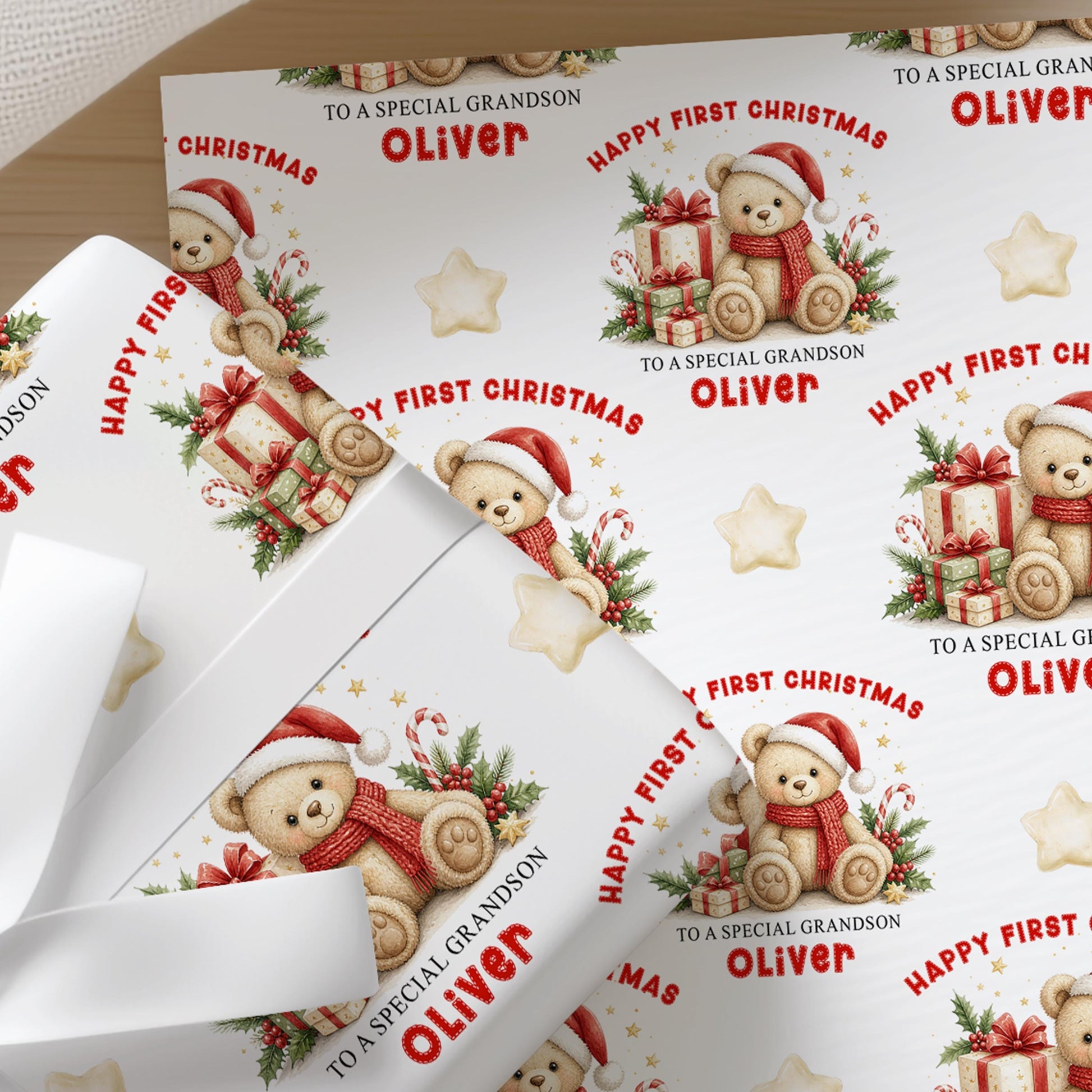 Close up of the personalised teddy bear wrapping paper showing the repeated name and relation wording