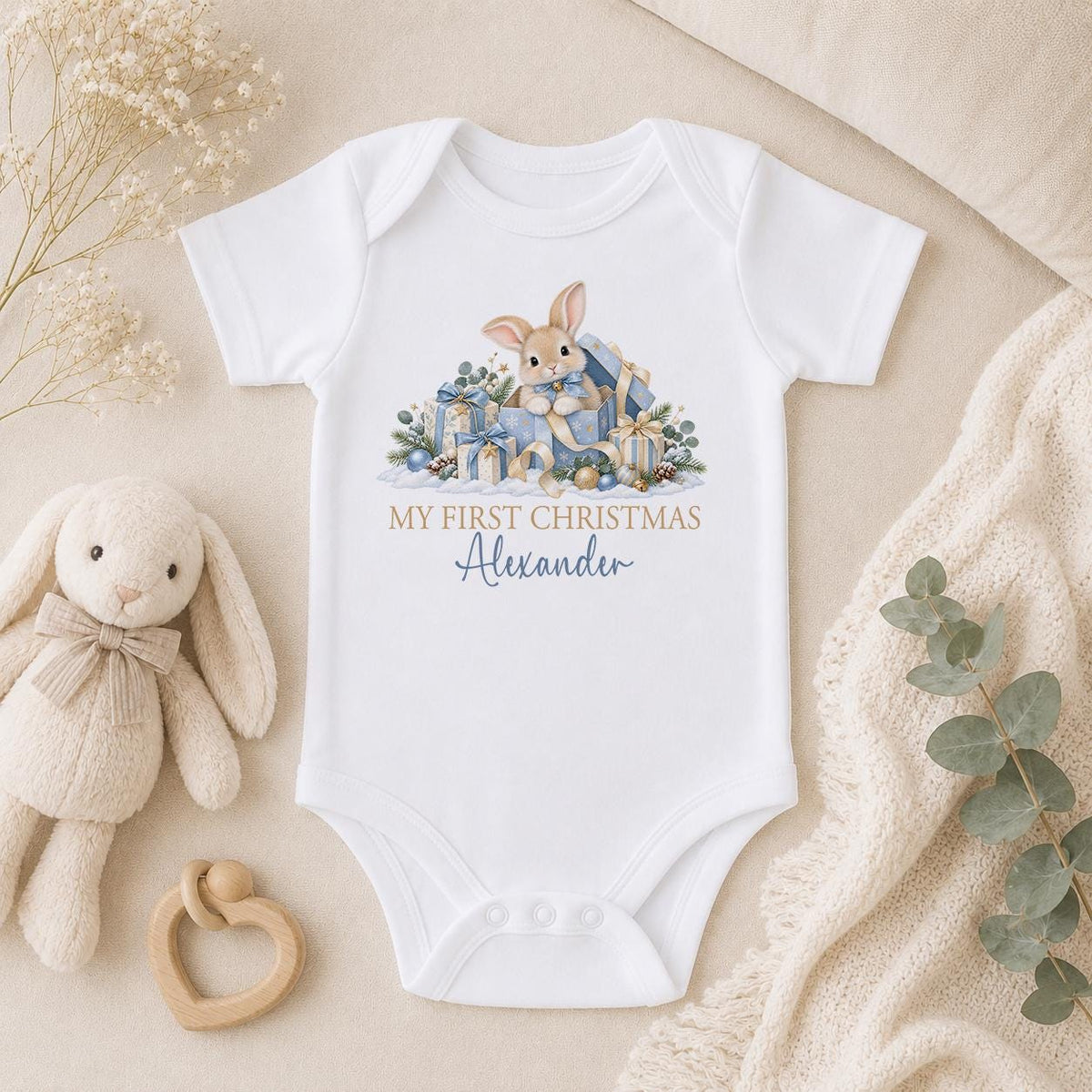 Personalised First Christmas Outfit, 2026 Blue Bunny Baby Vest