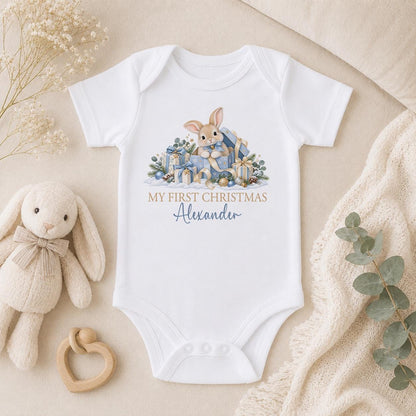 Personalised First Christmas Outfit, 2026 Blue Bunny Baby Vest