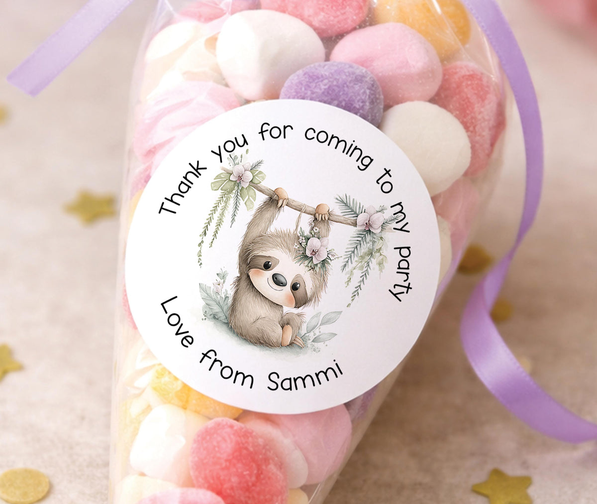 Glossy round personalised sloth stickers with a jungle safari theme, printed with a child's name for party favours