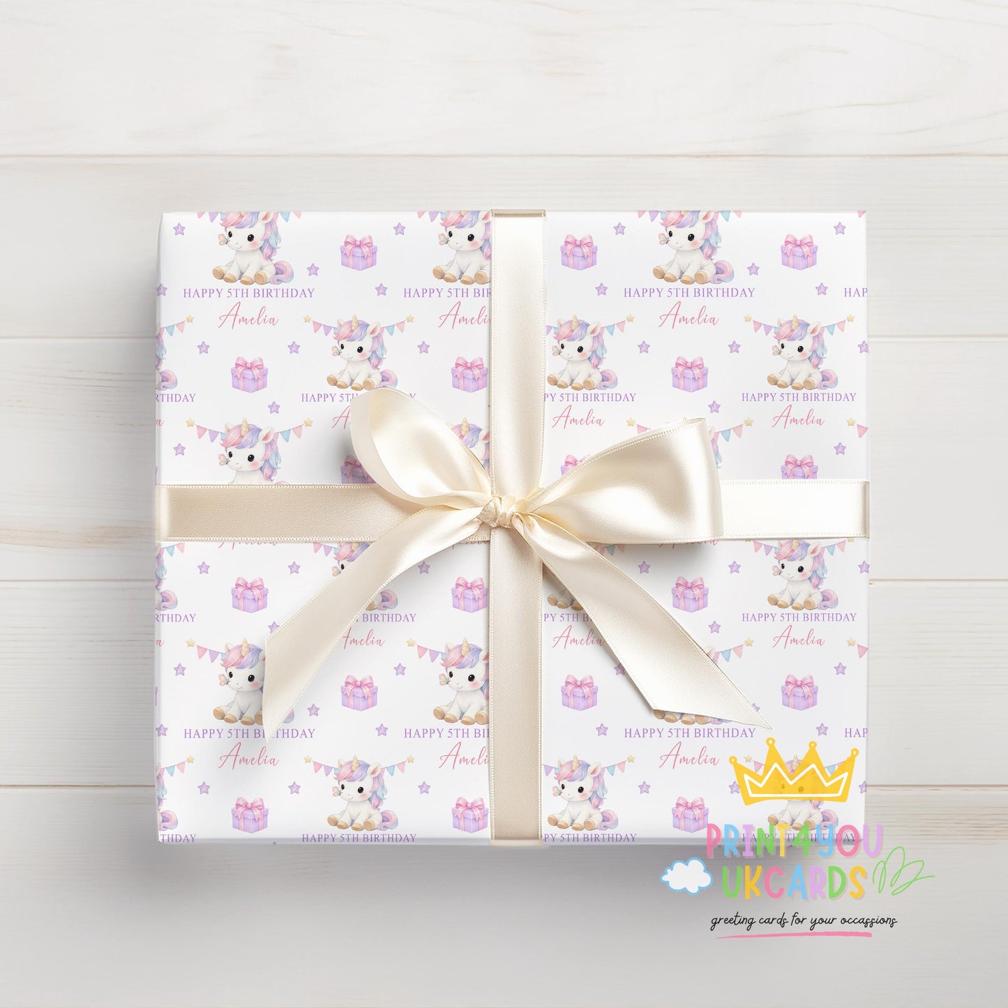Personalised unicorn birthday wrapping paper printed to order