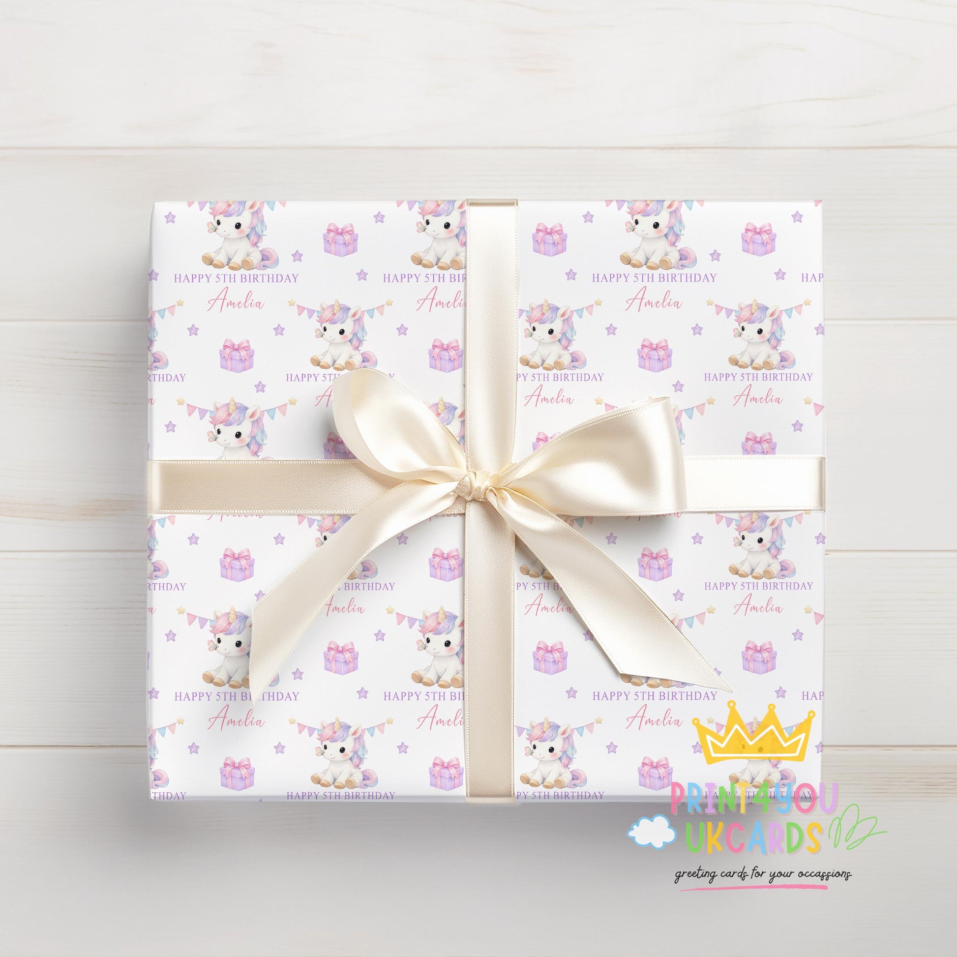 Personalised unicorn birthday wrapping paper printed to order