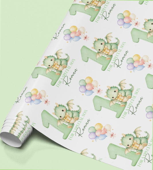 a repeating pattern of green dragon illustrations on a white background, along with colorful balloons and the text "For a special son Romano".