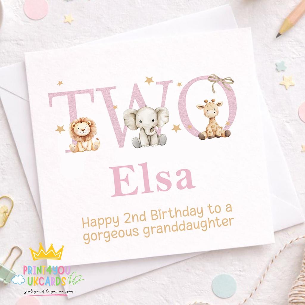 Square personalised second birthday card featuring a pink safari animal design on a plain background