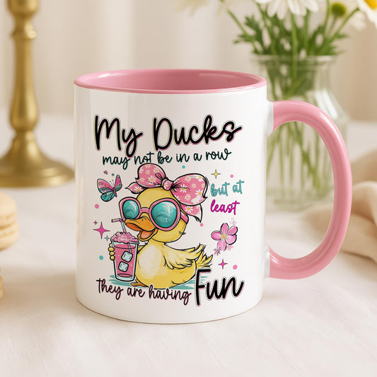 Product image showing funny ducks in a row mug