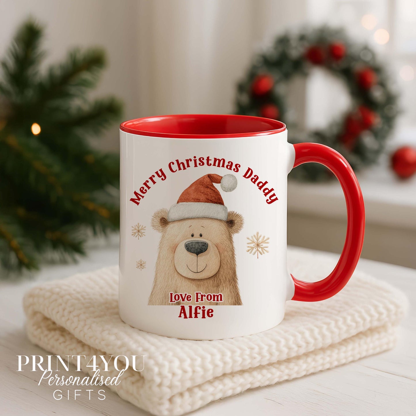 Personalised Christmas Mug - Bear in Santa Hat, Gift From Child