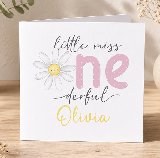 The image is a personalized birthday card for a little girl named Olivia, featuring a flower and the text "little miss one derful Olivia".
