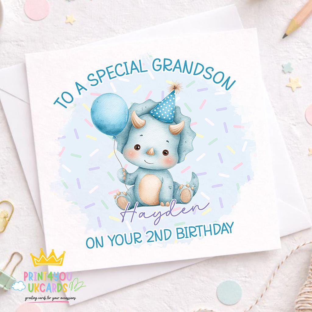 Front view of the blue triceratops dinosaur birthday card on a plain background.