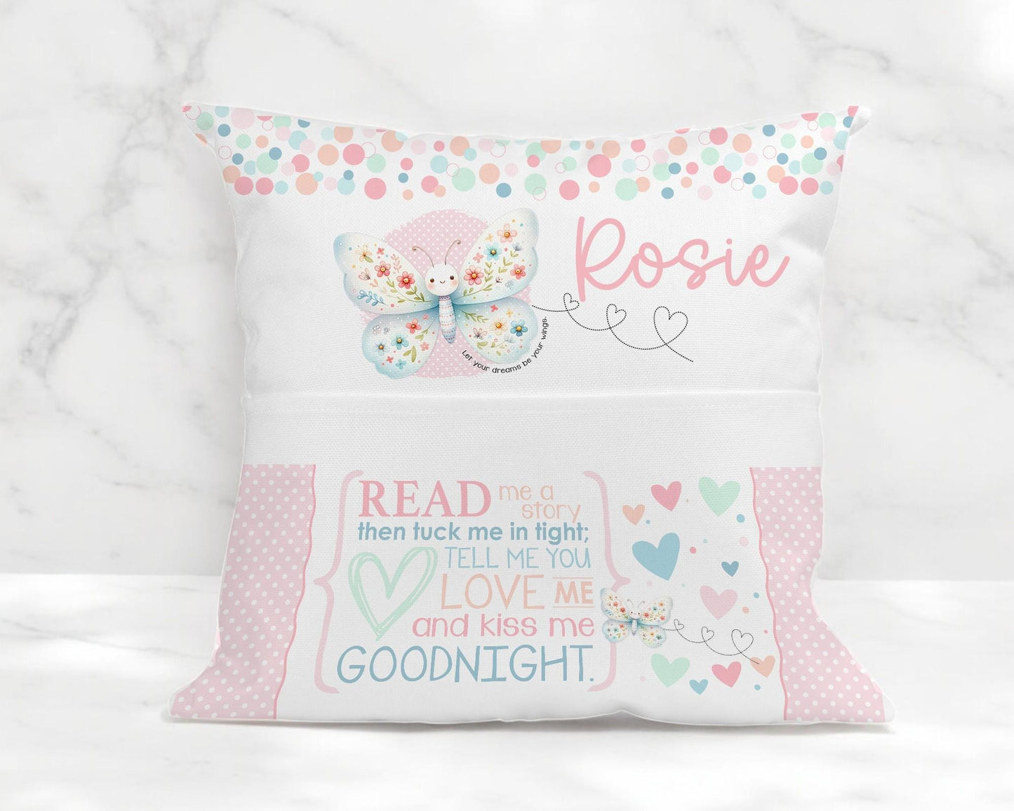 Close-up of personalised butterfly book cushion showing bedtime rhyme text