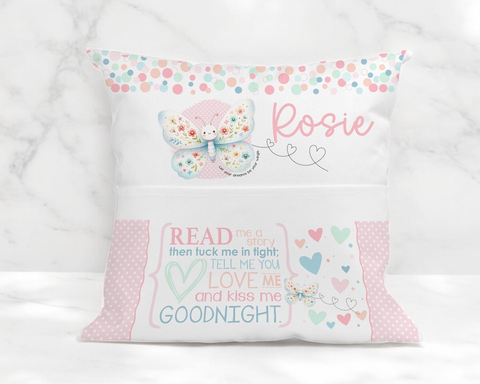 Close-up of personalised butterfly book cushion showing bedtime rhyme text