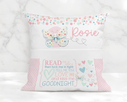 Close-up of personalised butterfly book cushion showing bedtime rhyme text