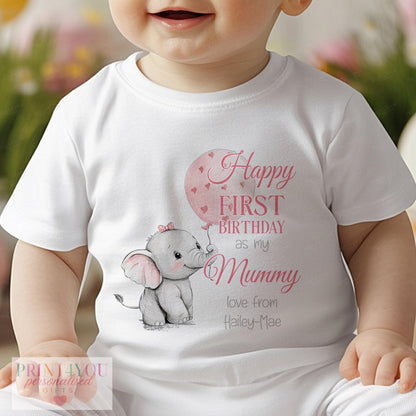 Personalised sleepsuit printed with elephant balloon first birthday design